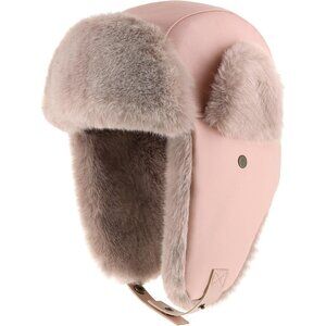 Women Light Pink PU Leather Trapper Hat with Faux Fur Lining Warm Aviator Hat